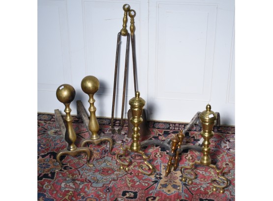 Two Sets Of Brass Andirons With Tools