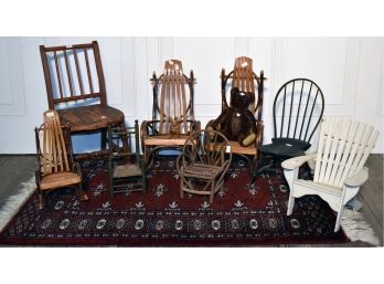 Collection Of Twig Doll Furniture And Two Teddy Bears