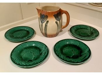 Roseville Pitcher And Majolica Plates