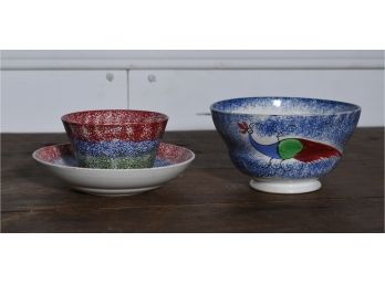 English Peafowl Spatter Bowl And An Adams Cup & Saucer