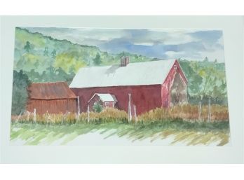 A. French Signed Watercolor Of A Barn