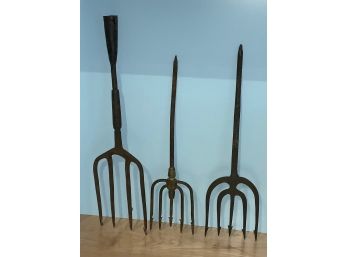 Three Antique Iron Eel Spears