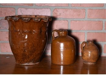 Red Ware Planter And Two Brown Glazed Jugs