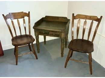 Two Antique Windsor Chairs And Pine Side Table