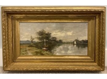 19th C. Oil On Canvas, River Scene With Boats