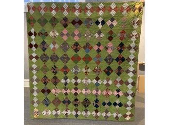 Antique Lime Green And Multi Colored Patchwork Quilt