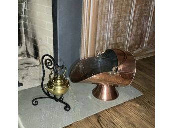 Antique Copper Coal Hod And Teapot