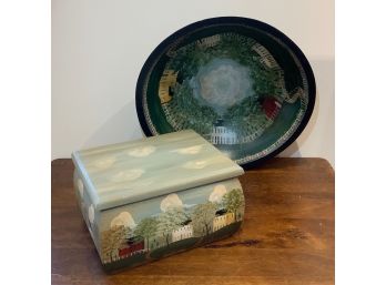Carved And Painted Wood Bowl With Painted Box In The Rufus Porter Style