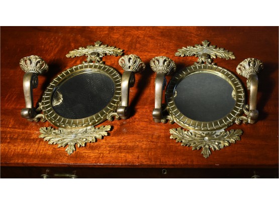 Pair Of Decorative Brass Mirrored Wall Sconces With Candle Arms (CTF20)