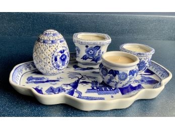 Blue & White Ceramic Bathroom Tray And Candles (CTF10)