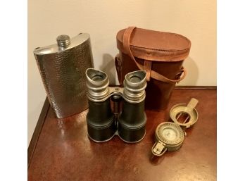 Antique Binoculars, Brass Compass & A Hip Flask (CTF10)