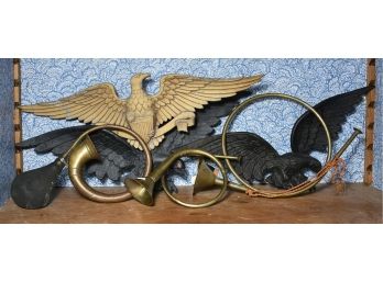 Three Cast Metal Eagle Plaques And Three Brass Coaching Horns (CTF10)