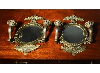 Pair Of Decorative Brass Mirrored Wall Sconces With Candle Arms (CTF20)