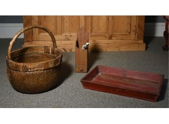 Woven Handled Basket Together With Country Wooden Tray And Pipe Box (CTF10)