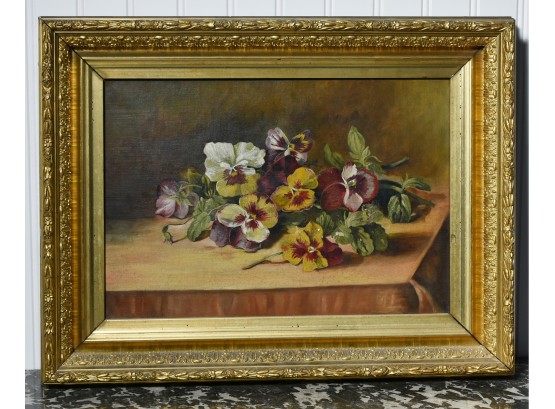Early 20th C. Oil On Canvas Still Life Of Pansies (CTF10)