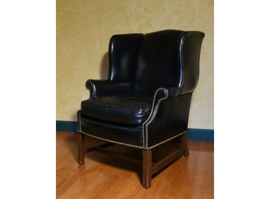 Bloomingdale's Black Leather Chippendale Style Wing Chair (CTF20)