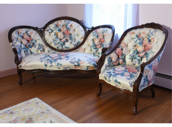 Victorian Walnut Sofa And Armchair In Matching Floral Upholstery (CTF30)