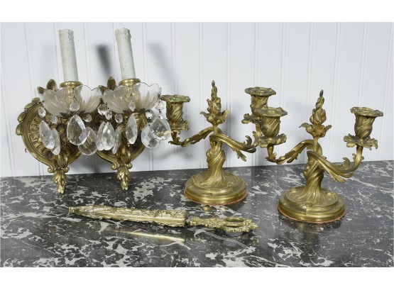 Group Of Cast Brass: Pair Of Wall Sconces, Pair Of Candelabras,  And Scissors In Carrying Sheath (CTF 10)