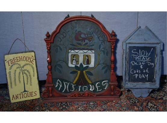 Two Treehouse Antiques Signs Together With A Chalkboard Sign (CTF10)