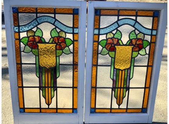 Pr Of Vintage Leaded Stained Glass Windows In White Painted Sashes (CTF20)