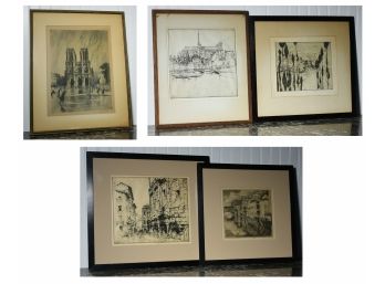 Four Early 20th C. Cityscape Etchings By Ernest Roth, And Signed Lithograph Of Notre Dame (CTF 10)