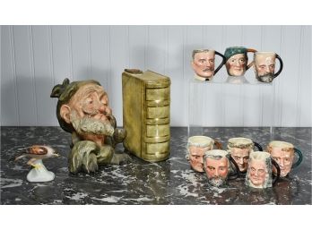 Assorted Lot Of English Hand-Painted Toby Mugs, Ceramic Bust, And Book Flask (CTF 10)