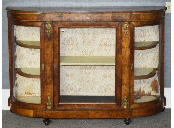 Late 19th C. English Victorian Inlaid Walnut Bow-front Display Cabinet  (CTF20)