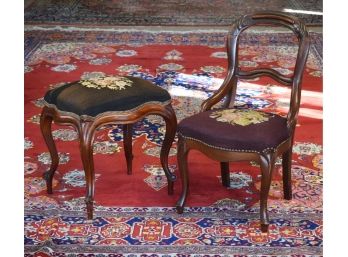 Carved Black Walnut Victorian Parlor Chair & Footstool (CTF10)