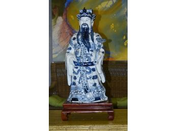 Signed Asian Blue And White Porcelain Figure Holding Septer (CTF10)
