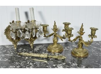 Group Of Cast Brass: Pair Of Wall Sconces, Pair Of Candelabras,  And Scissors In Carrying Sheath (CTF 10)