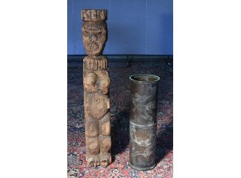 African Carved Wooden Sculpture And  Bronze Asian Design Umbrella Stand (CTF10)