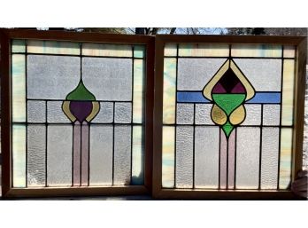 Two Similar Vintage Leaded Stained Glass Windows In Natural Wood Sashes (CTF20)