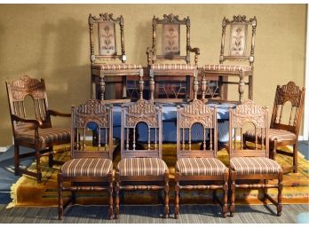 Vintage European Carved Oak Dining Chairs, 9pcs (CTF50)