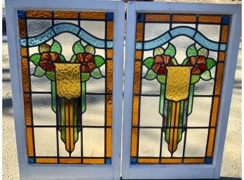 Pr Of Vintage Leaded Stained Glass Windows In White Painted Sashes (CTF20)