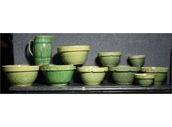 Nine Ceramic Graduated Mixing Bowls & Pitcher In Green Glaze (CTF10)