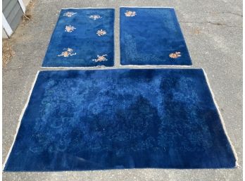 Three Vintage Chinese Cobalt Blue Scatter Rugs (CTF10)