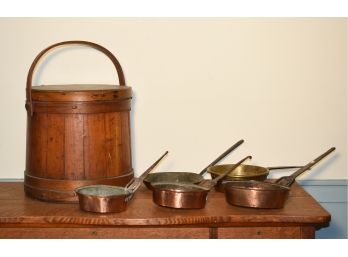 Collection Of Copper And Brass Frying Pans With Flour Bucket (CTF20)