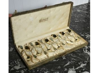 Set Of Twelve Enamel, Sterling Silver Gold Wash Demitasse Spoons In Case (CTF10)