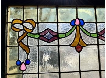 Pr Of Vintage Leaded Stained Glass Windows In Black Painted Sashes (CTF20)