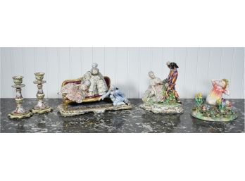 Hand-Painted Porcelain Figurines & Pr Of Porcelain Candlesticks, 5pc. (CTF10)