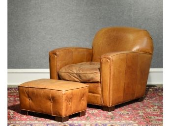 William Alan Deco Style Leather Club Chair And Ottoman - High Point, NC (CTF 30)