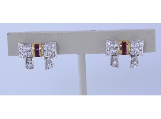14K Diamond & Ruby Bow Earrings