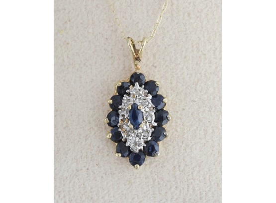 14k Gold Sapphire And Diamond Pendant And Chain