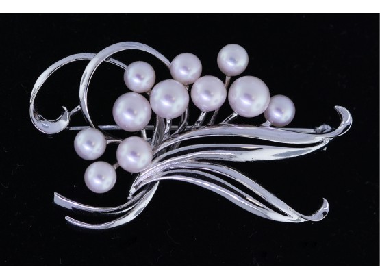 Mikimoto Pearl And Silver Broach