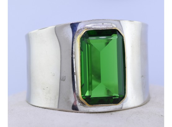 Wide Silver Cuff Bracelet Large Green Stone