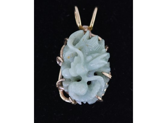 Chinese Carved Green Jade & 14K Pendant