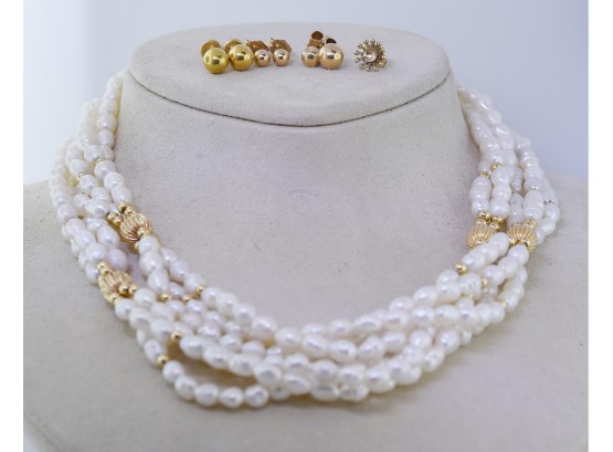 Seed Pearl & Gold Necklace And Gold Ball Earrings