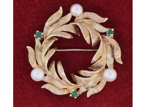 14K & Emerald Wreath Pin