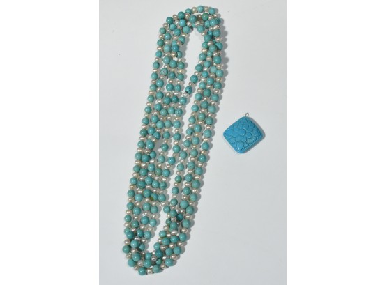 Turquoise & Pearl Necklace And Turquoise Pendant
