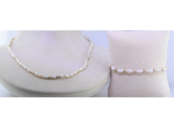 14k Gold Seed Peal Necklace And Bracelet